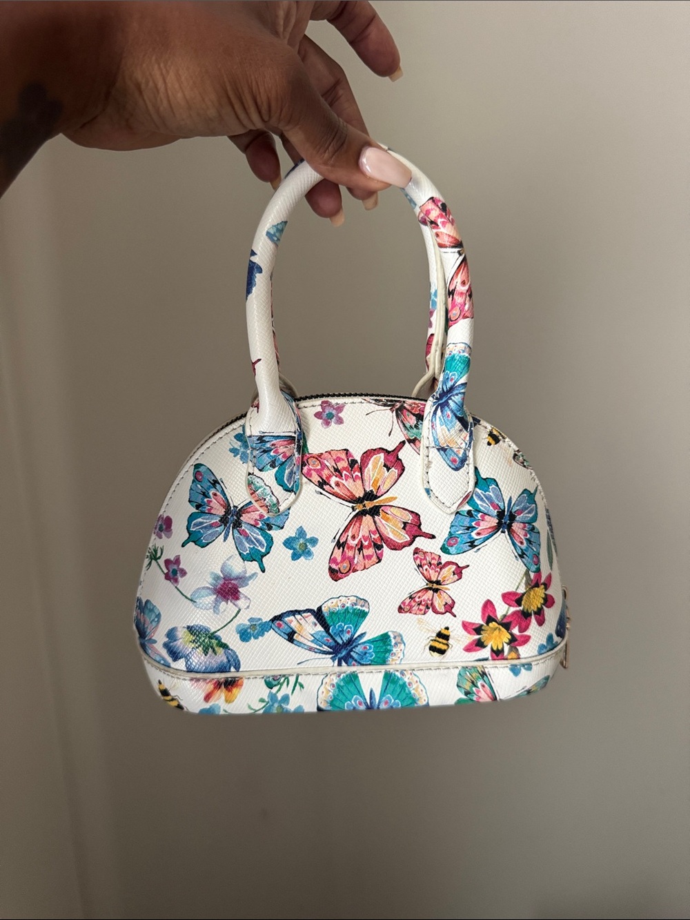 Source Unknown White Mini Top-Handle Bag with Multicolor Butterfly Print